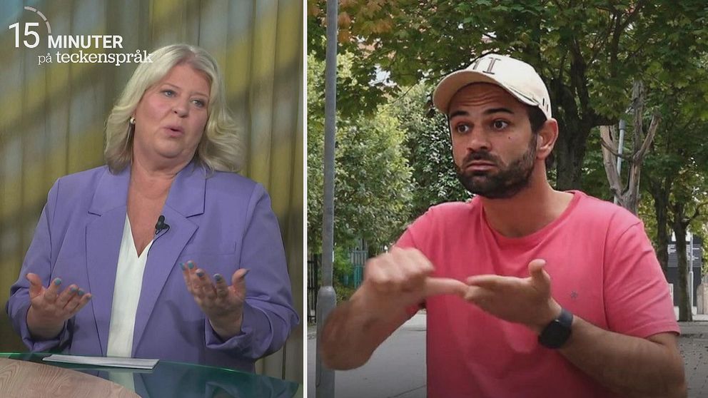 Socialtjänstministern Camilla Waltersson Grönvall (M) gestikulerar upprört i studion, Ali Attar tecknar ”betala” i handflatan.