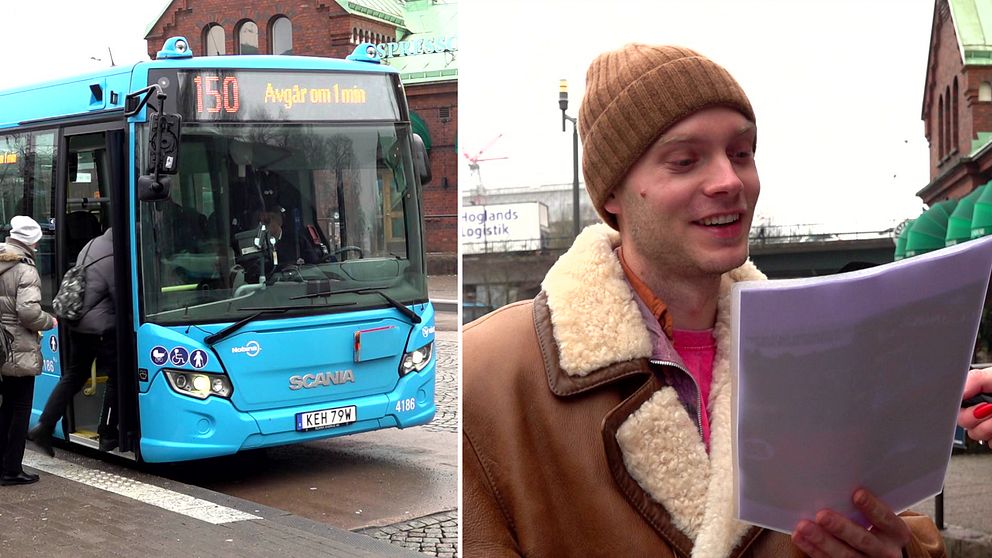 En delad bild med två sektioner. Vänstra sektionen visar en blå stadsbuss, nummer 150, som står vid en hållplats med passagerare som kliver på och av. Den högra sektionen visar en person som håller en papperslapp och står på gatan, klädd i en beige jacka och mössa, med en oskarp ansiktsdrag.