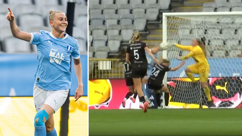 Delad bild. Till vänster: Malmöspelare firar mål. Till höger: bollen går in bakom målvakt i mål.