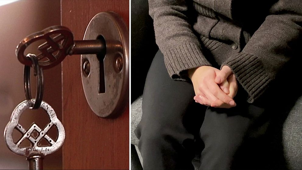 En delad bild som visar två sektioner: till vänster syns en nyckel i ett lås på en dörr, och till höger är en person som sitter med händerna ihopknäppta i knät.