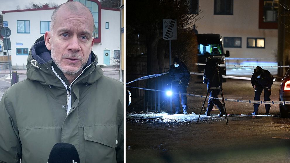 Till vänster SVTs reporter på plats dagen efter skjutningen i Grimmered, till höger poliser som udnersöker platsen under natten.