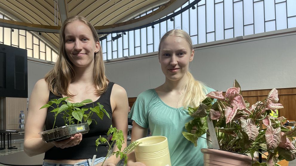 Två kvinnor som håller i växter.