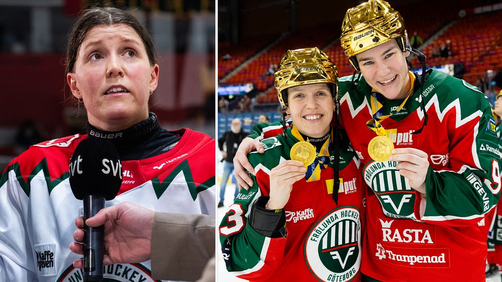 Delad bild. Till vänster: hockeyspelare intervjuas. Till höger: två spelare firar med guldhattar och medaljer.