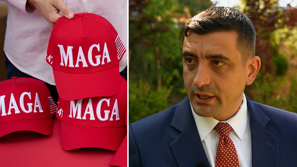 Delad bild. Till vänster: flera röda MAGA-kepsar. Till höger: man i kostym utomhus.