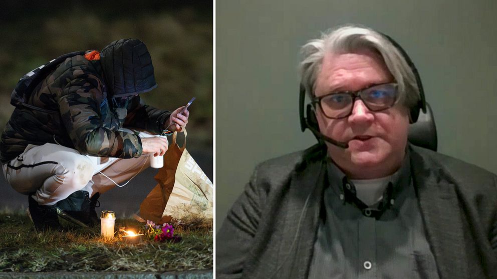 Bilden är delad i två sektioner. Den vänstra sektionen visar en person i mörka kläder som böjer sig ner för att tända ett ljus, omgiven av fler ljus och blommor, utomhus i skymning eller natt. Den högra sektionen visar en människa med grått hår som sitter i en mörk tröja mot en neutral bakgrund.