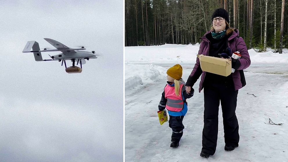 Lena Augustsson går med sin dotter och ett paket med mat i snön i Torsby. Till vänster ett drönarflygplan med ett paket fäst under.
