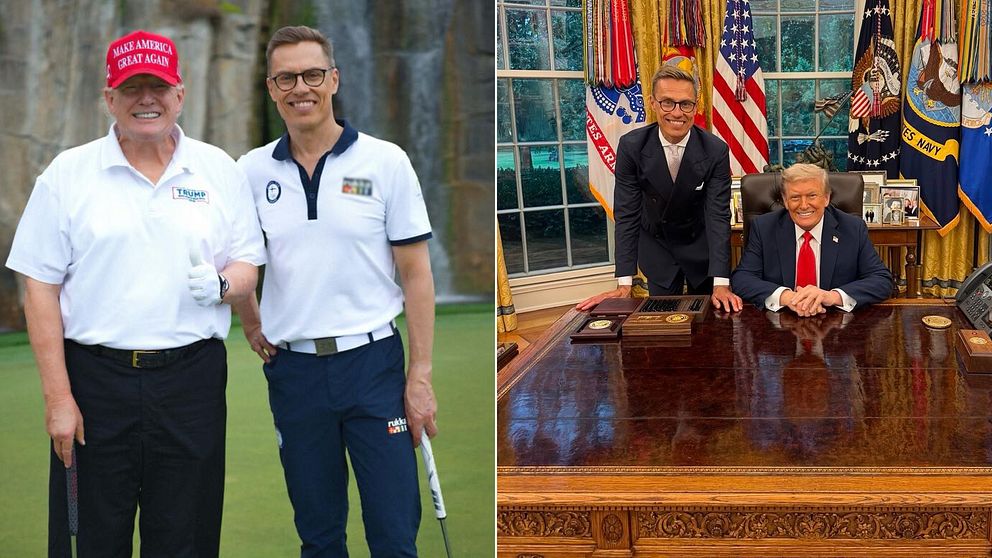 Alexander Stubb tillsammans med Donald Trump på golfbana och i Ovala rummet i Vita huset.