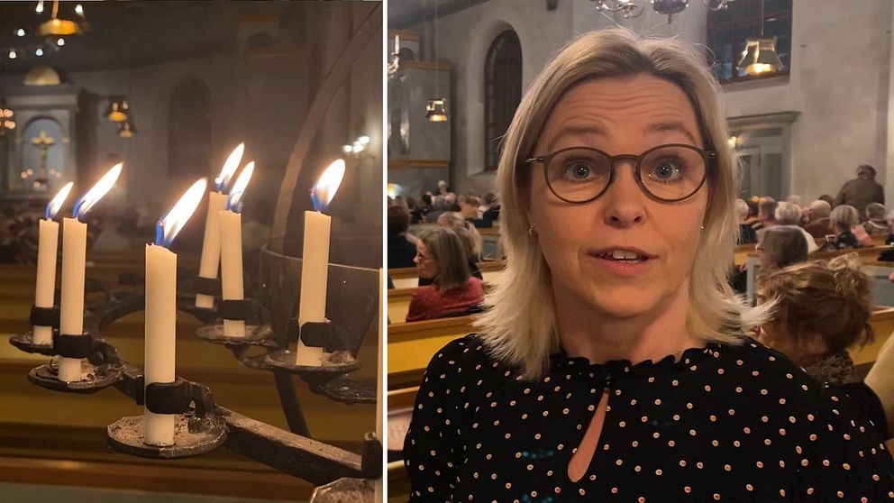Till vänster syns levande ljus i kyrkan. Till höger syns organisten Christina Wide.