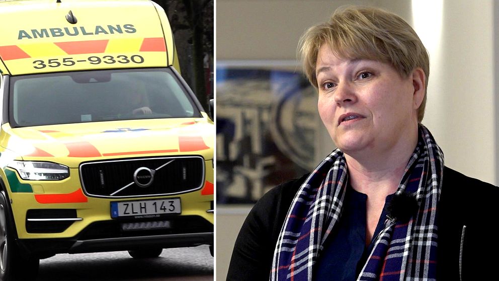 Två bilder. På ena sidan syns en bild av en ambulans. På andra sidan står en kvinna med kort hår i en korridor.