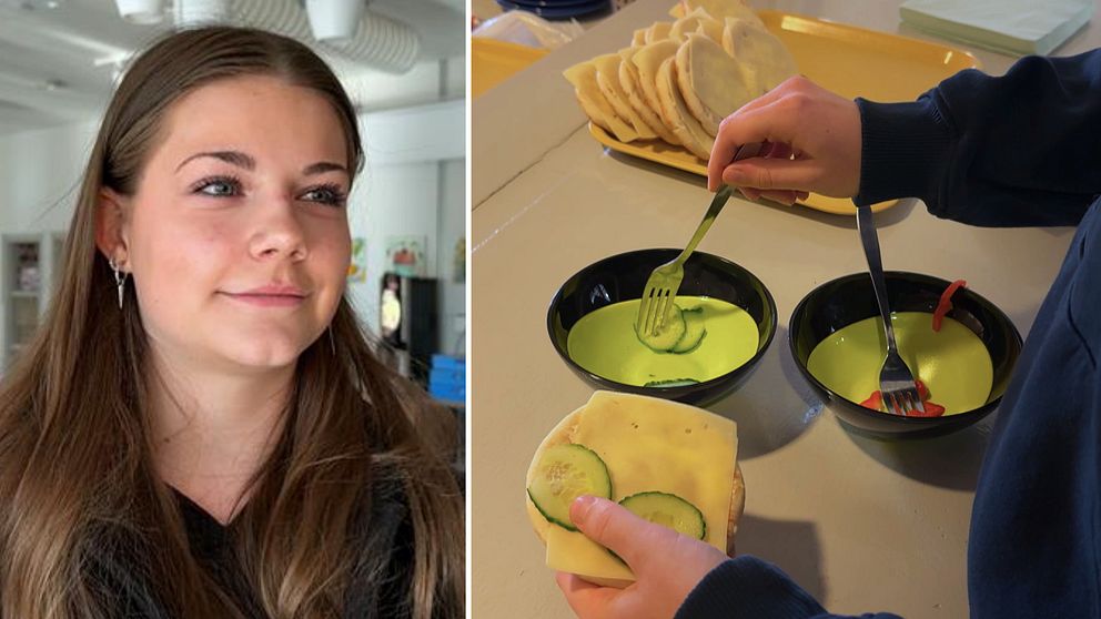 Delad bild. Till vänster: kvinna med långt hår. Till höger: någon lägger en gurkskiva på en macka.