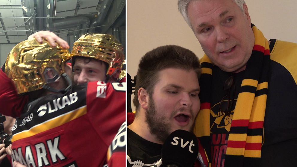 Luleå hockeys segerkram och ”Lillpucken” som intervjuas av SVT bredvid man i Luleå hockey-halsduk