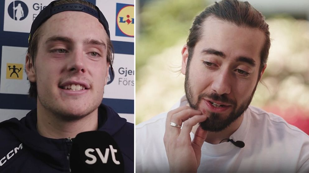 Delad bild. Till vänster: sportintervju med mikrofon. Till höger: person i vit skjorta utomhus.