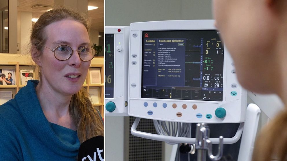En kvinna i en blå tröja pratar med en mikrofon i en kontorsmiljö till vänster, medan en medicinsk monitor med vitalparametrar och data visas till höger.