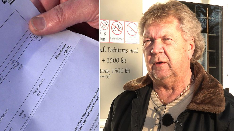 En delad bild som visar två sektioner. Den vänstra sektionen visar en närbild av en hand som håller i en faktura med text och belopp. Den högra sektionen visar en person stående framför en skylt med information om en avgift på 1500 kronor för debiteringar.