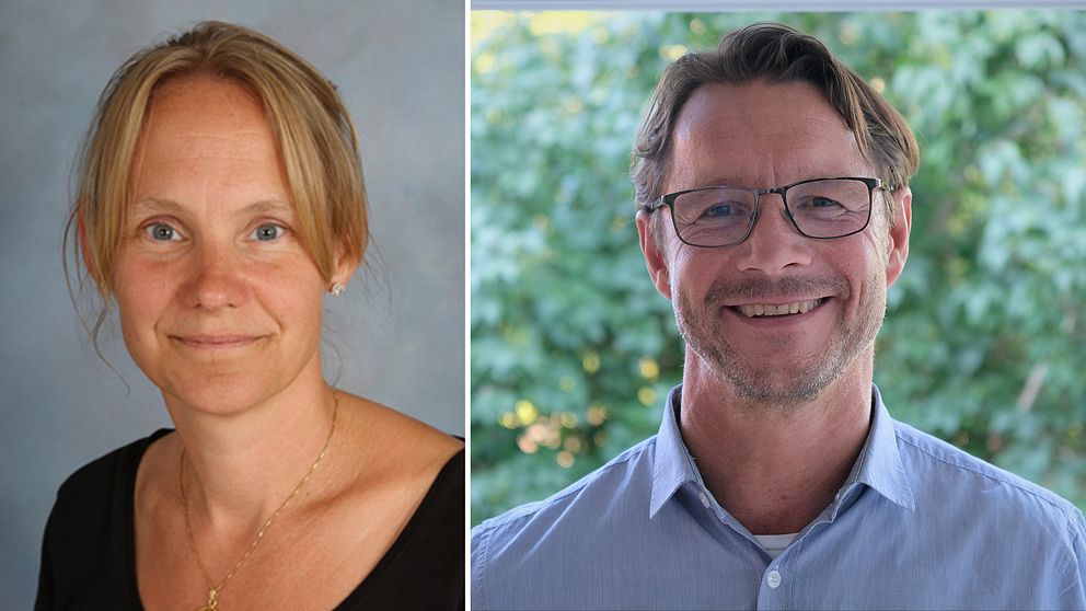 Två porträttbilder av personer, där den vänstra bildens bakgrund är ljusblå och den högra bildens bakgrund är grön med oskarpa träd. Den vänstra personen bär en svart topp och ett halsband, medan den högra har på sig en blå skjorta.