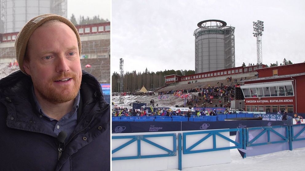 Tvådelad bild. Till vänster: Östersunds kommunalråd, Niklas Daoson(S). till höger: Skidskyttetävling pågår på Östersunds stadion.