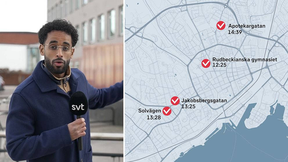 Reporter på plats och karta med utmärkta tider och platser