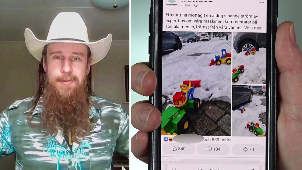 Till höger Adrian Braekke, kommunikatör på Götene kommun. Till vänster en bild på en mobiltelefon som visar ett inlägg med leksakstraktorer på sociala medier.