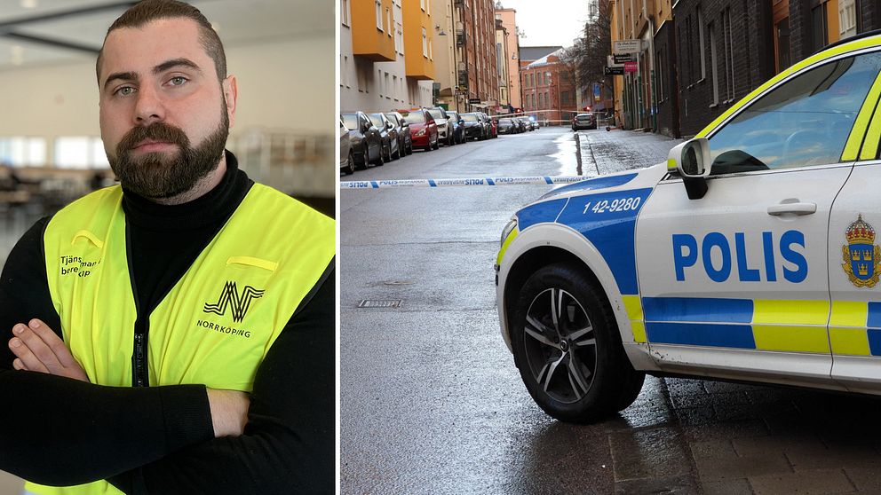 Vuk Vujovic, tjänsteman i beredskap vid Norrköpings kommun. Samt polisfordon vid avspärrningsband,