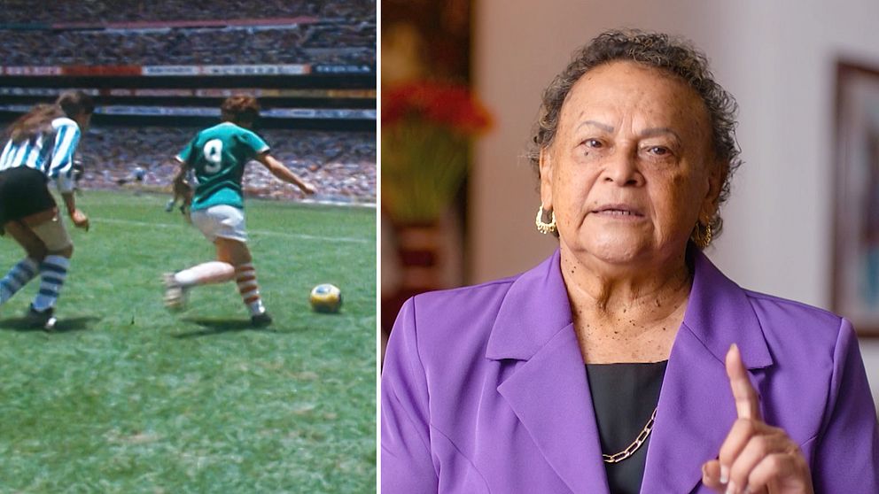 Två kvinnliga fotbollsspelare på 70-talet och spelaren Elvira Aracen  i nutid