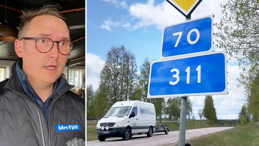 Delad bild – till vänster en bild på en man med glasögon, Idre fjälls Tommy Halvarsson. Till höger en bild på en vägskylt på riksväg 70/länsväg 311.