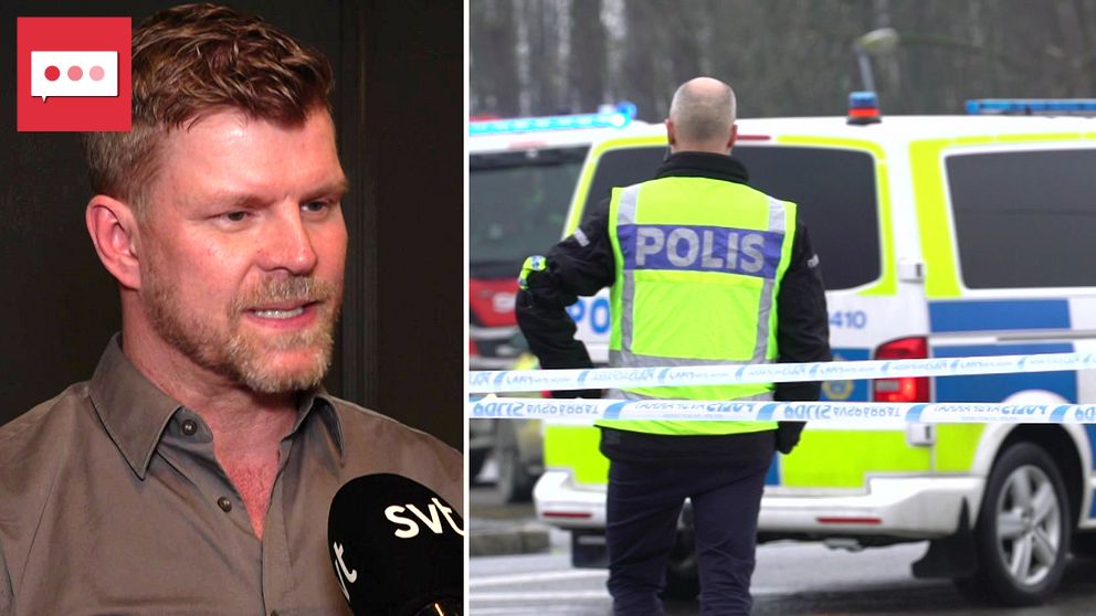 Delad bild. Till vänster: person intervjuas av SVT. Till höger: polis vid avspärrning och polisbuss.