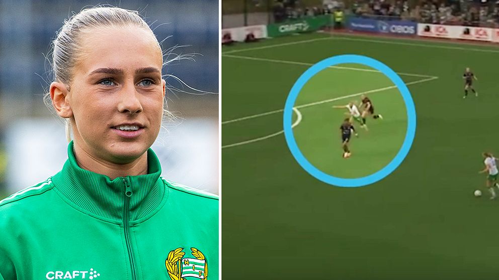 Delad bild. Vänster: fotbollsspelare i grönt ställ. Höger: spelscen markerad på fotbollsplan.