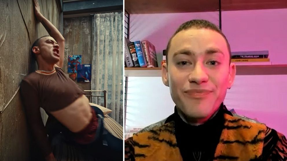 Olly Alexander ur musikvideon för ”Dizzy” till vänster och till höger från intervjun med Kulturnyheterna.