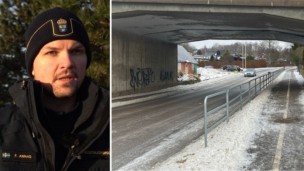 bild på en presstalesperson hos polisen och platsen där det misstänkta mordet ska ha skett