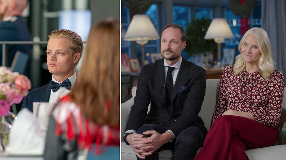 En delad bild som visar två grupper av människor i sociala sammanhang. Den vänstra sektionen visar en man i tuxedo som sitter vid ett bord i en elegant miljö, med fokus på dekorationerna som inkluderar blommor och ljus. Den högra sektionen visar två personer sittande i en bekväm miljö, klädda i formella kläder, förmodligen en intervju eller ett samtal.