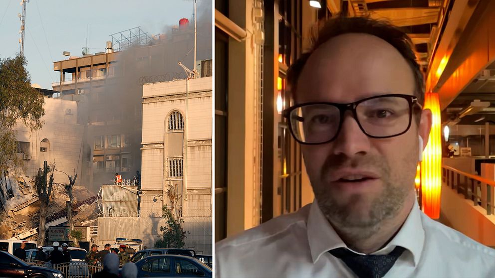 Rök stiger från en byggnad och en man med glasögon