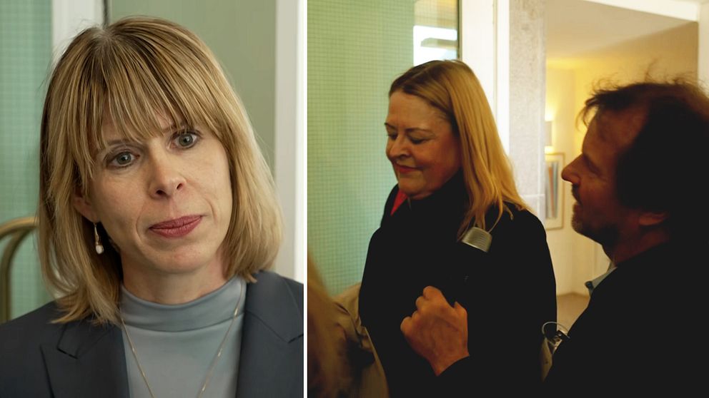 Delad bild. Till vänster: person i kostym i korridor. Till höger: två personer samtalar inomhus.