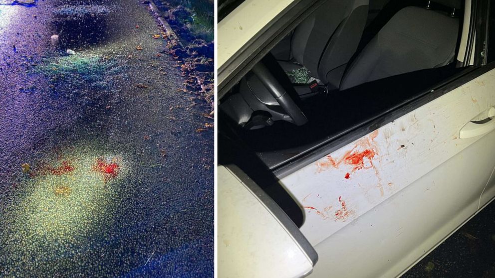 Bildens vänstra sektion visar blodfläckar på en mörk väg belyst med blåljus, medan den högra sektionen visar blodfläckar på en vit bils dörr och inuti.