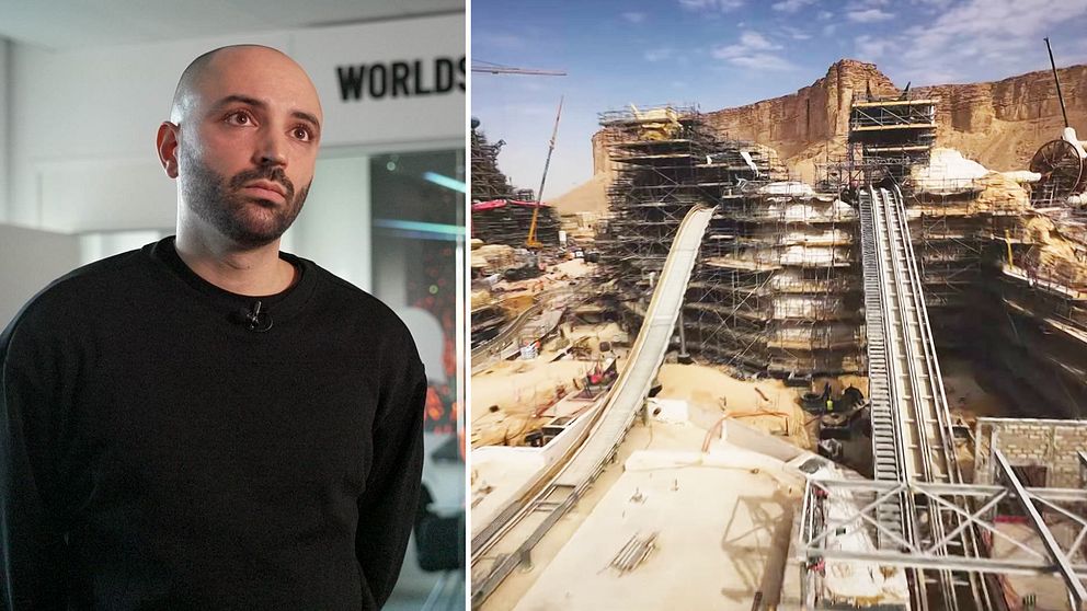 Shahin Zarrabi, festivalchef på ESL Faceit/Dreamhack, står inomhus med en mörk tröja till vänster. Den högra sidan visar en byggarbetsplats med stora konstruktioner och en rullande ramp, där Saudiarabiens turistprojekt Qiddiya byggs.
