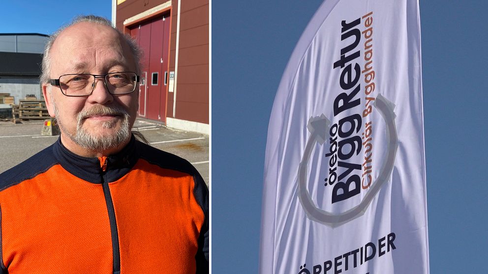 Lars Nährström, gruppchef för Örebro byggretur, och en verksamhetens flagga där de tejpat över en pil i loggan