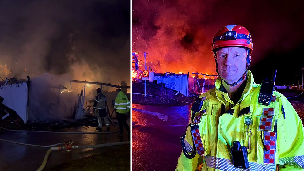 En delad bild som visar två scener relaterade till en brand. Till vänster syns ett ödelagt område med kraftig rök och lågor som sträcker sig uppåt, tillsammans med brandmän som arbetar för att släcka elden. Till höger står en räddningstjänstmedlem i en gul skyddsutrustning, vilket indikerar en aktiv insats på plats.
