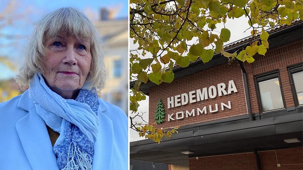 Tvådelad bild. Till vänster: person i blå kappa. Till höger: Hedemora kommuns byggnad.