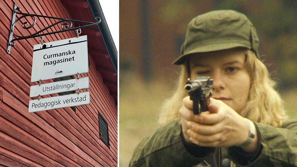 Tvådelad bild. Vänster: Skylt på Curmanska magasinets vägg i Gamla Linköping. Höger: Ung kvinna i militärgrön keps som siktar med pistol.