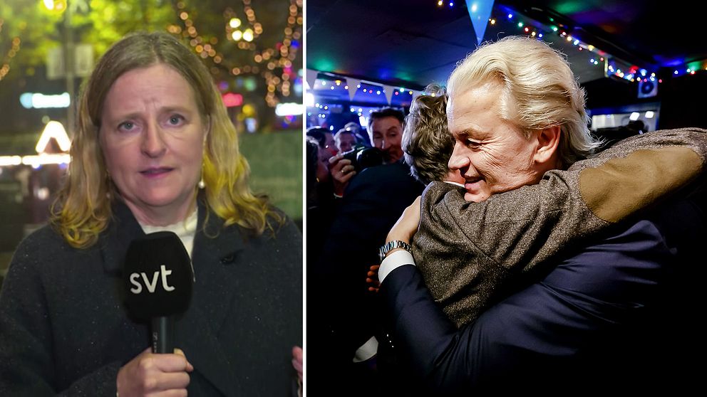 SVT:s Ulrika Bergsten. Splitbild med Geert Wilders som kramar en annan person.