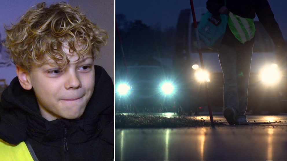 Till vänste: Edwin Ottosson, 11. Till höger: Barn som går i vägren omgiven av trafik.