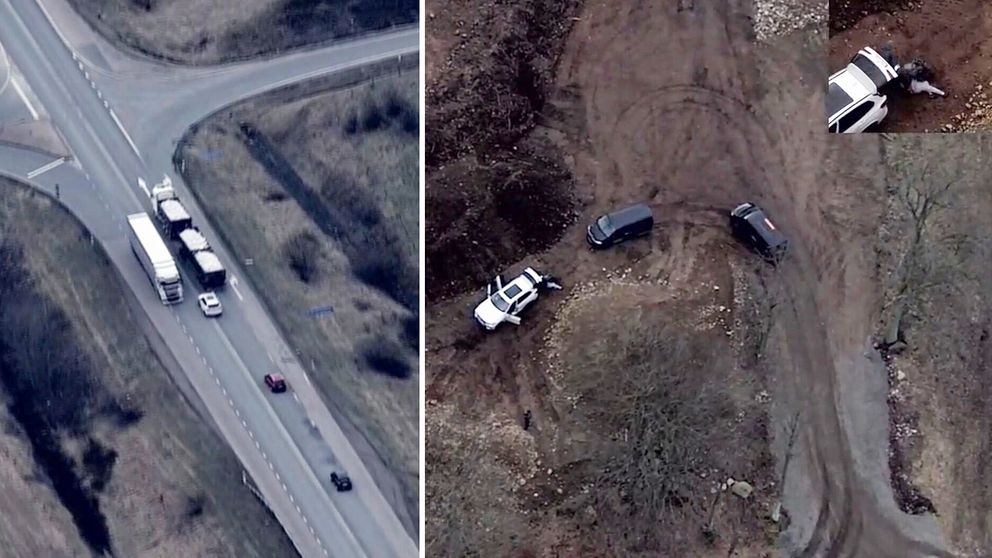 En delad bild som visar två scener. Den vänstra sidan visar en trafikplats med flera fordon, inklusive lastbilar och personbilar, som rör sig på vägen. Den högra sidan visar en grusig plats i skogen med några stillastående fordon, där en vit SUV och en mörkare bil står nära varandra, och en mindre del av bilden visar en närbild av fordonen.