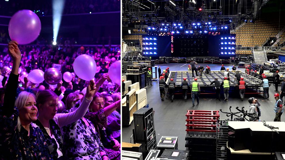 Tvådelad bild. Vänster: publik med ballonger. Höger: tekniker förbereder scenen.