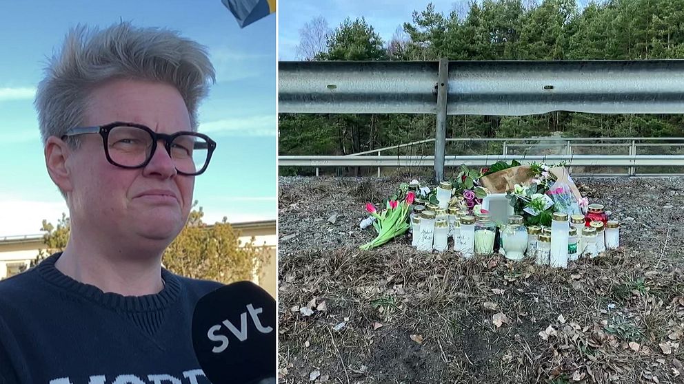 Tvådelad bild. Till vänster rektorn vid Sotenässkolan. Till höger: blomsterhyllning vid vägkant.