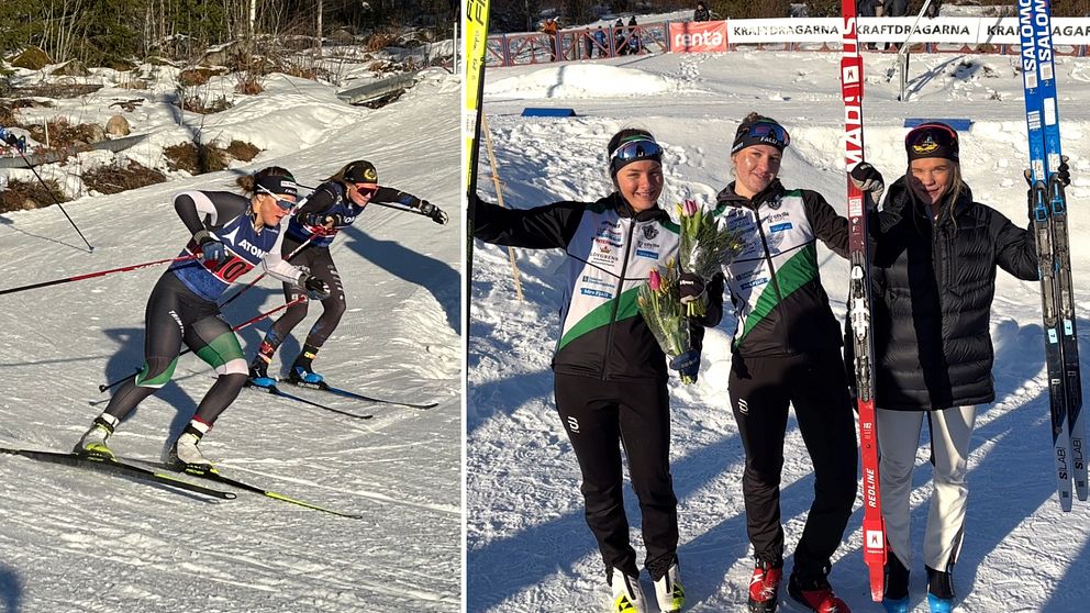 Två skidåkare fightas i en skarp utförskurva, tre vinnare jublar i målfållan.
