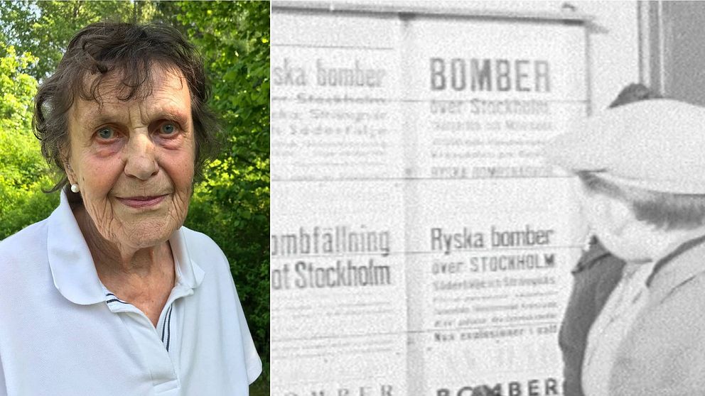 En äldre kvinna tittar in i kameran. Till höger, en bild på löpsedlar med texten ”Bomber över Stockholm”