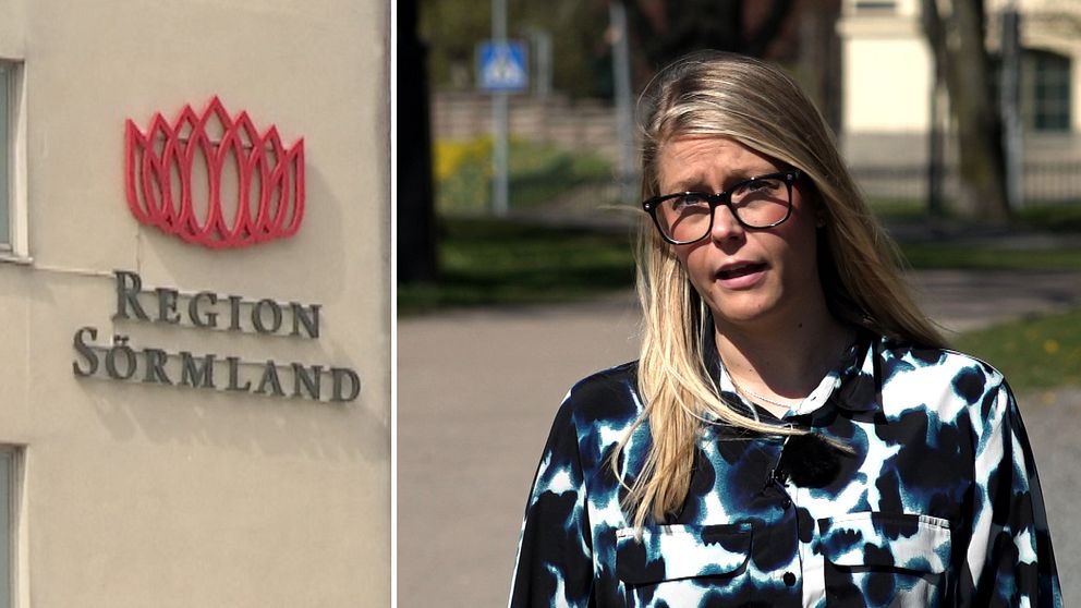 Bilden är delad i två. Den vänstra bilden är en bild på Region Sörmlands logotyp på en husfasad. Den högra bilden är en bild på SVT:s reporter Fanny Asplund. En blond kvinna i 30-årsåldern. Hon har på sig en blåmönstrad blus och glasögon med svarta bågar.