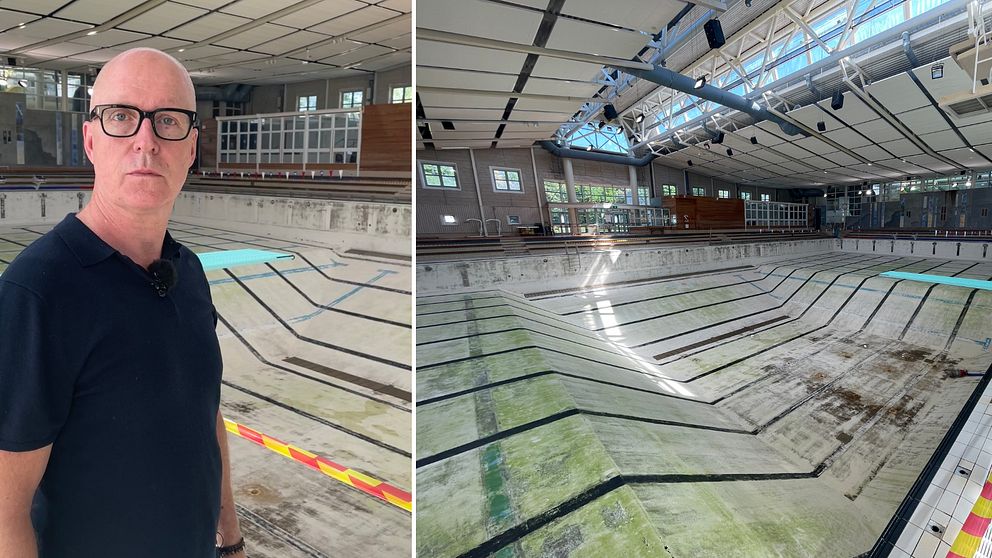 En tom simbassäng i Fyrishovs simanläggning efter läckage.