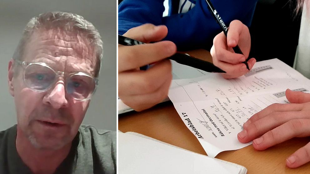 Bildens vänstra sida visar en person i en samtalsmiljö, medan den högra sidan visar händer som skriver på ett papper med olika rutor och anteckningar. Skrivmaterialet inkluderar en penna och ett skrivblock på ett bord.