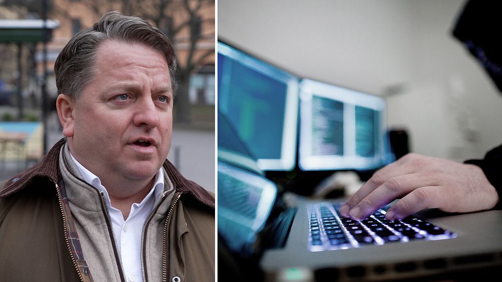Till vänster Fredrik Blix. Till höger genrebild på hackare framför dator och datorskärmar.