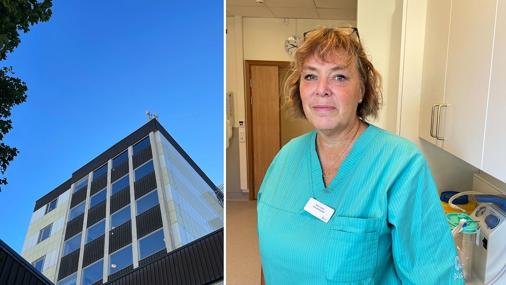 Till vänster: exteriör på en hög byggnad framför blå himmel. Till höger: verksamhetschefen Maria Carles i blå yrkesmundering.